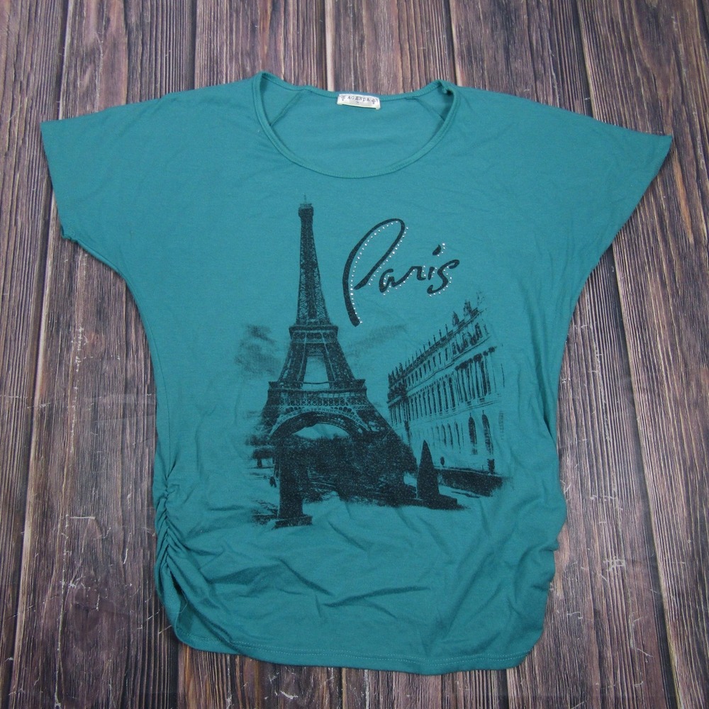 Agenda Womens M Green T Shirt Rhinestone Paris Graphic Short Sleeve Casual